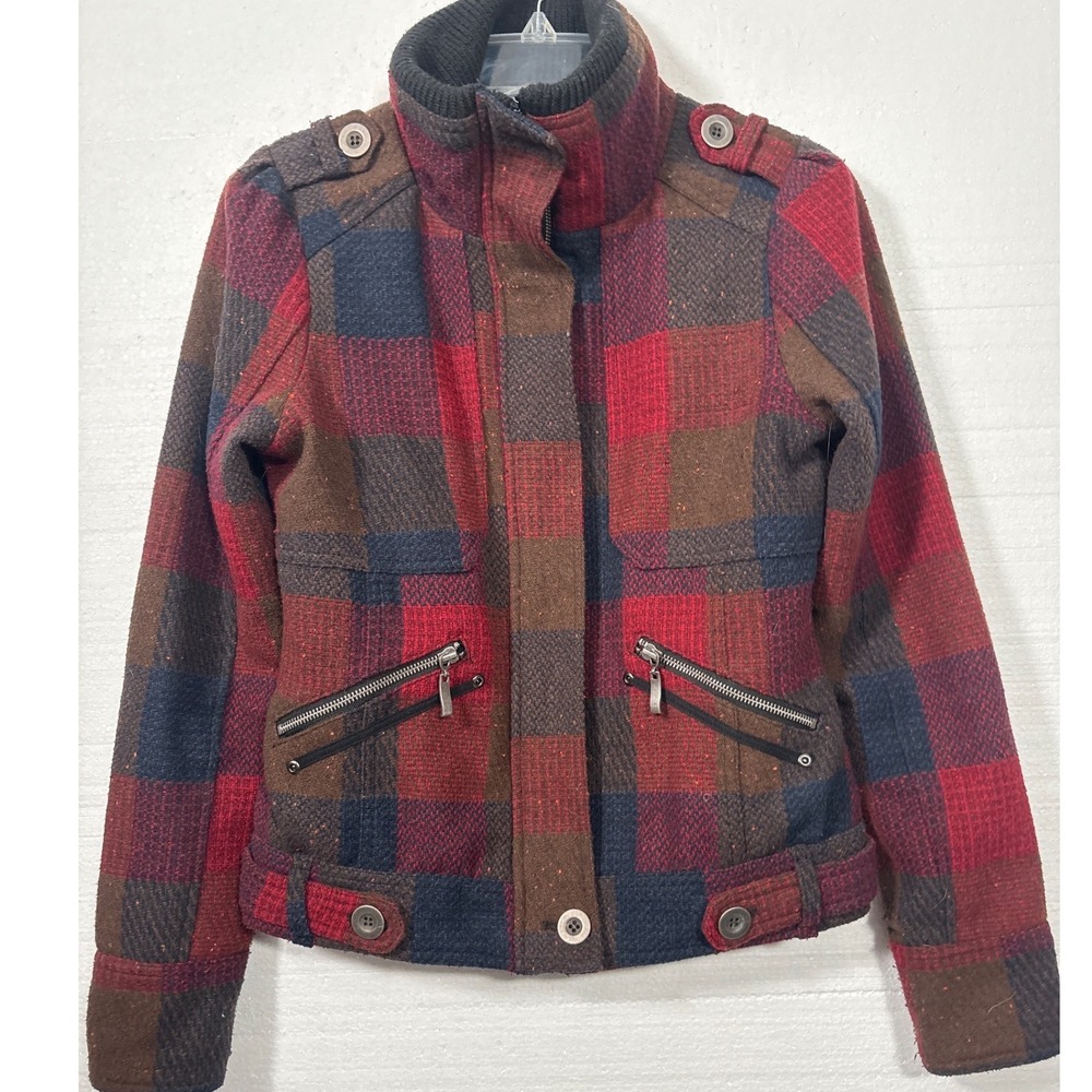 COFFEESHOP Bomber Coat Women S Red Plaid Wool Blend Zip Up Jacket Epaulets